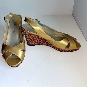 Bellini gold cork wedges sandal shoes with leopard print on the cork wedges